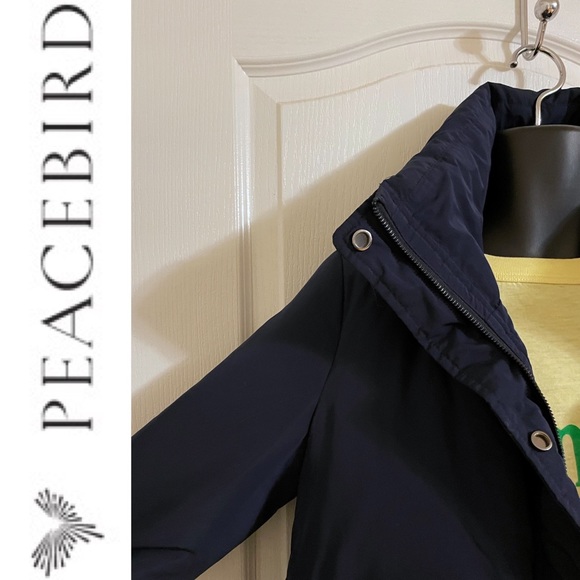 EUC PEACEBIRD midi length down puffer parka coat with hidden hood, navy blue - Picture 5 of 16